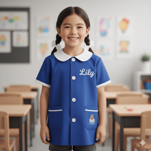 Jeune fille qui porte un tablier d'école sur mesure.