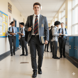 Lycéen avec une cravate sur mesure.